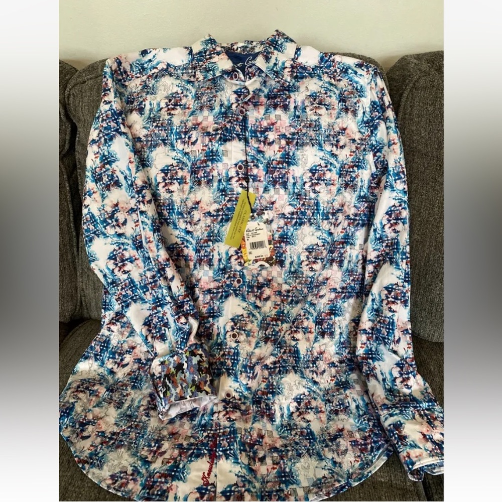 Robert Graham Deltona NWT $268 Blue Pink Floral Print Shirt Medium Embroidered